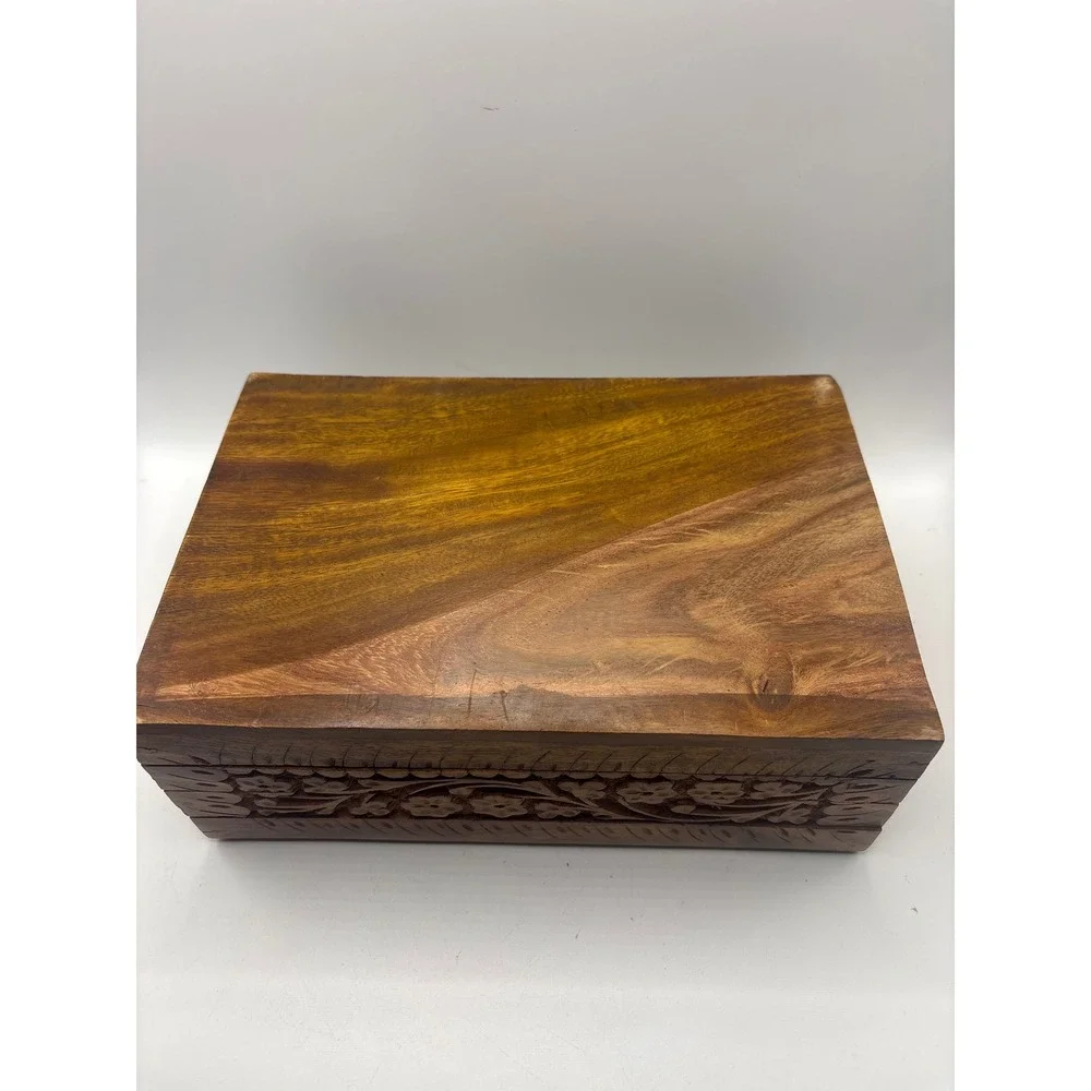 Hand Carved Floral Wooden Jewelry Box Red Velvet Lining Vintage Boho Keepsake